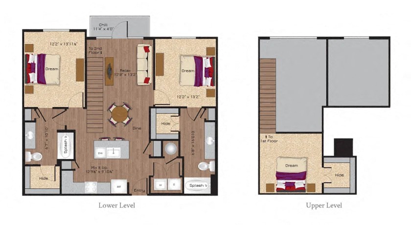 Floor plan for 2 beds, 2 baths, 1319 sqft